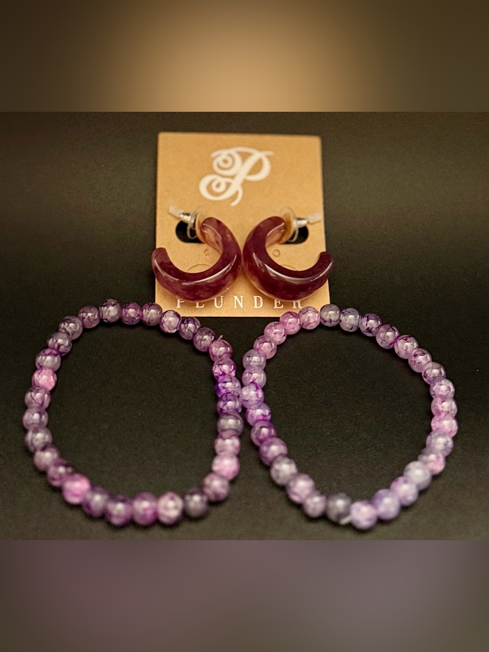 Plunder Earrings and 6mm Glass bead bracelets Set - Amethyst color